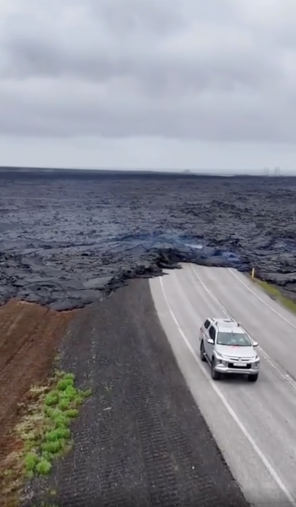 This is what the main road leading to the city of Grindavik looked like after a new volcanic eruption on the Reykjanes peninsula, southeast of Iceland.