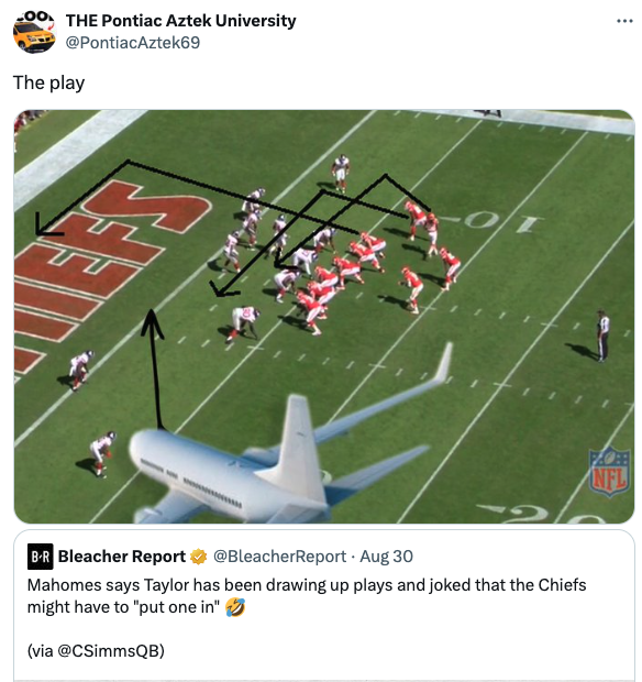 airbus a380 - 00 The Pontiac Aztek University The play Tees Ot BR Bleacher Report Report Aug 30 Mahomes says Taylor has been drawing up plays and joked that the Chiefs might have to "put one in" via