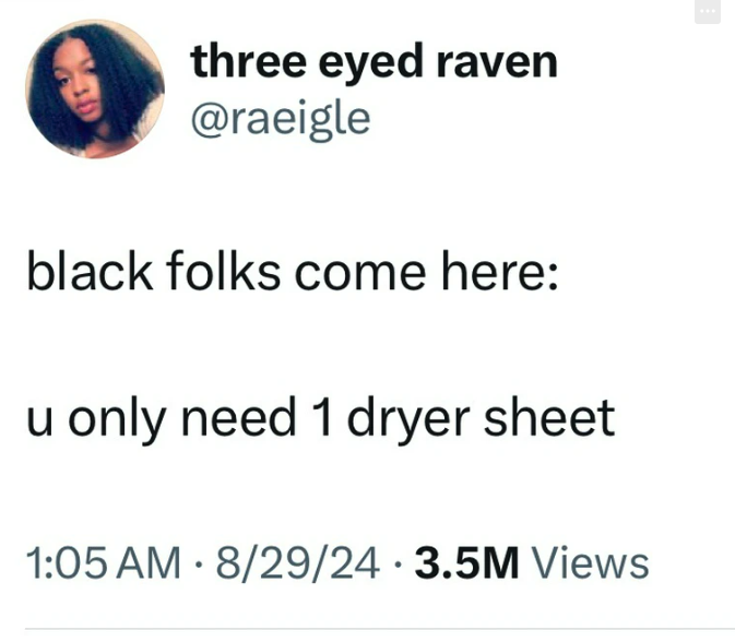 screenshot - three eyed raven black folks come here u only need 1 dryer sheet 82924 3.5M Views