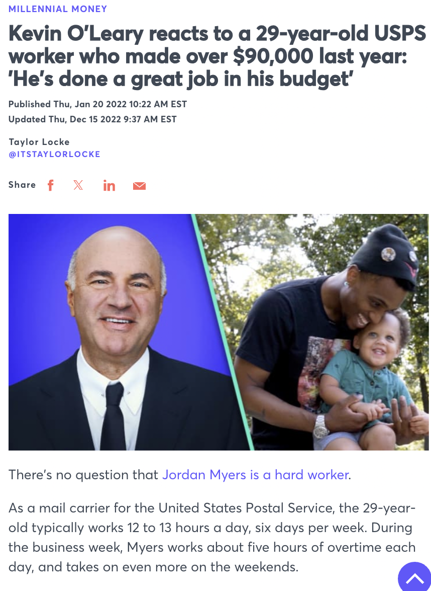 photo caption - Millennial Money Kevin O'Leary reacts to a 29yearold Usps worker who made over $90,000 last year 'He's done a great job in his budget' Published Thu, Est Updated Thu, Est Taylor Locke Itstaylorlocke fin There's no question that Jordan Myer