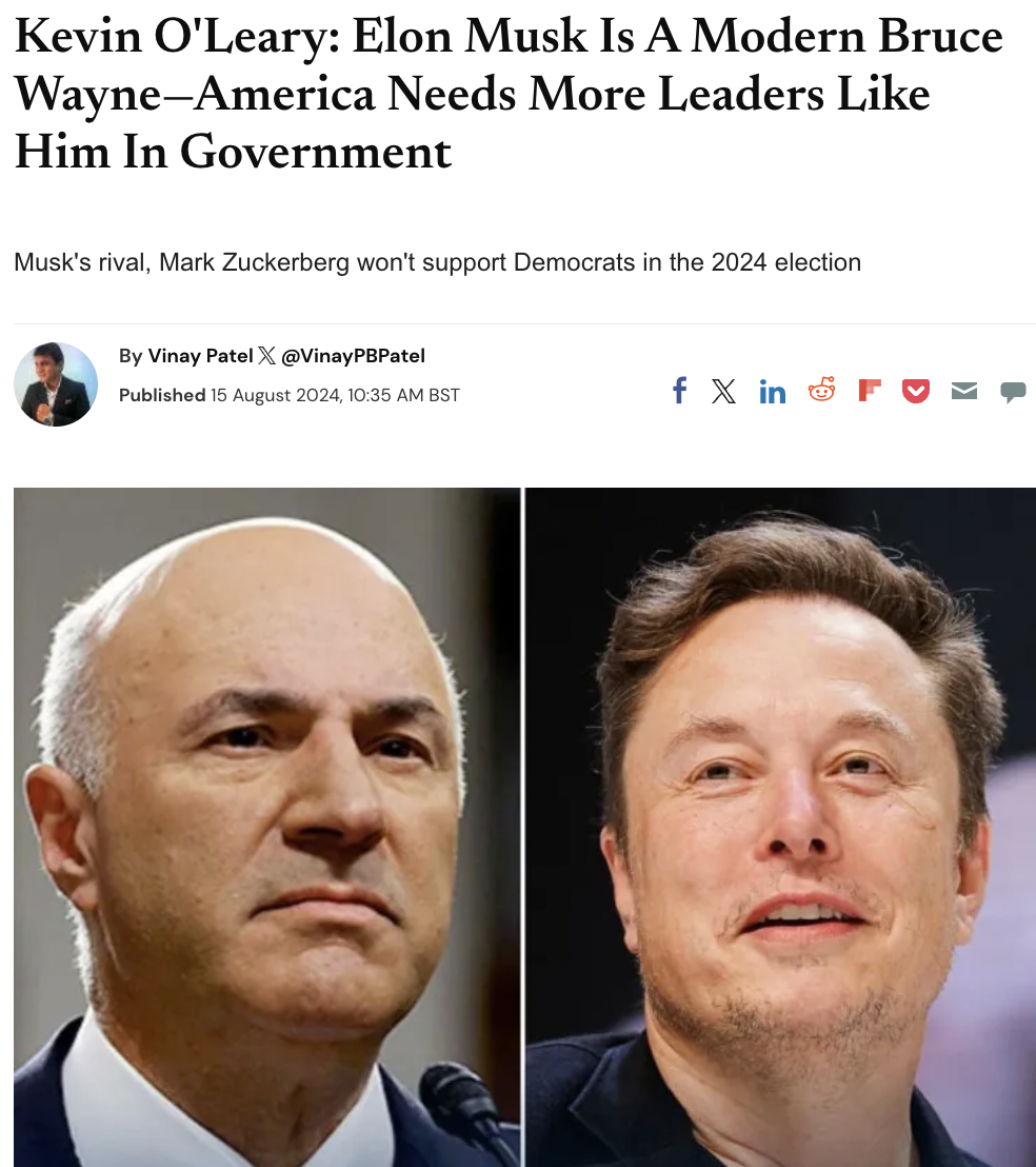 elon musk - Kevin O'Leary Elon Musk Is A Modern Bruce WayneAmerica Needs More Leaders Him In Government Musk's rival, Mark Zuckerberg won't support Democrats in the 2024 election By Vinay Patel X Published , Bst f X in Fo