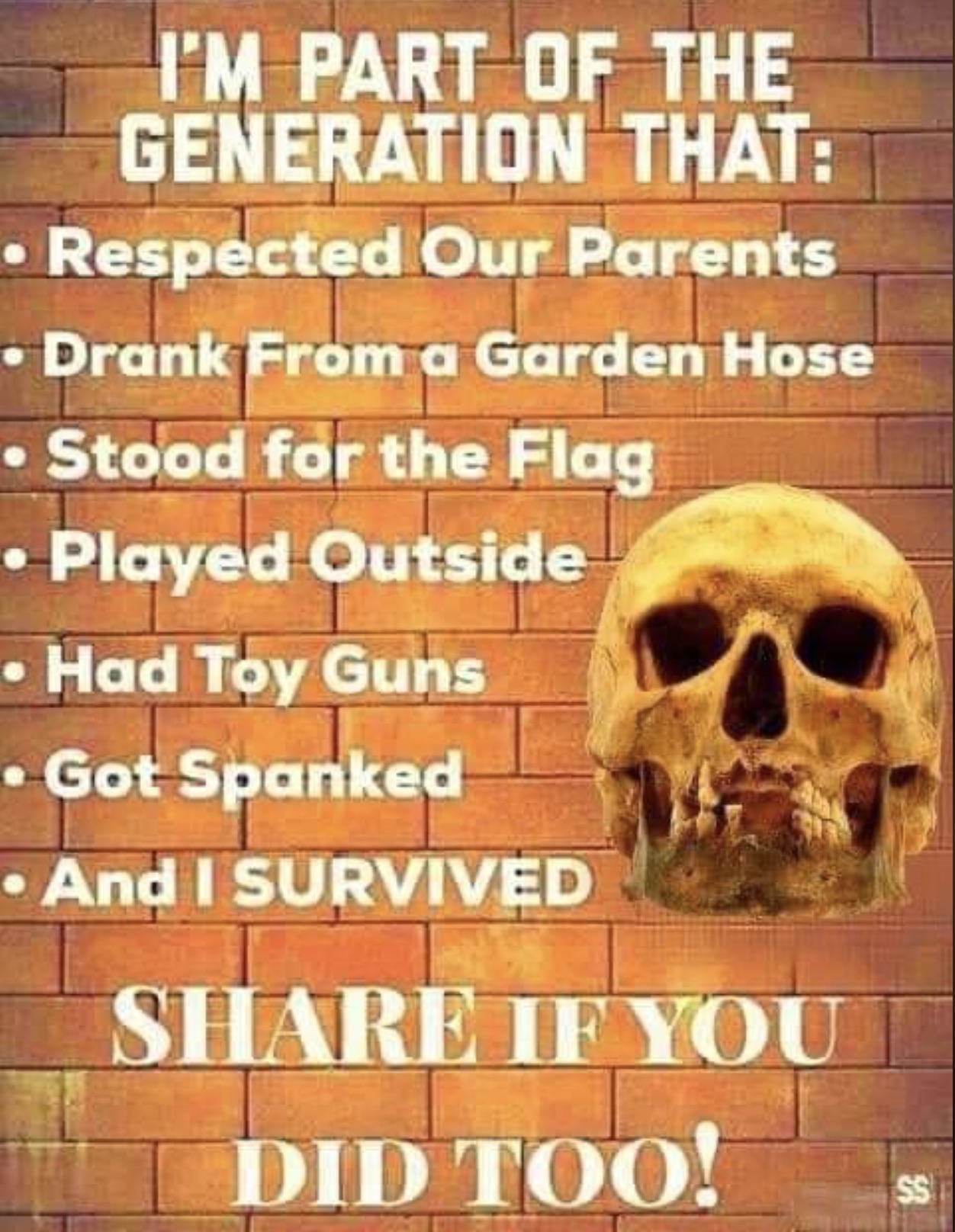 skull - I'M Part Of The Generation That Respected Our Parents Drank From a Garden Hose Stood for the Flag Played Outside Had Toy Guns Got Spanked And I Survived If You Did Too! Ss