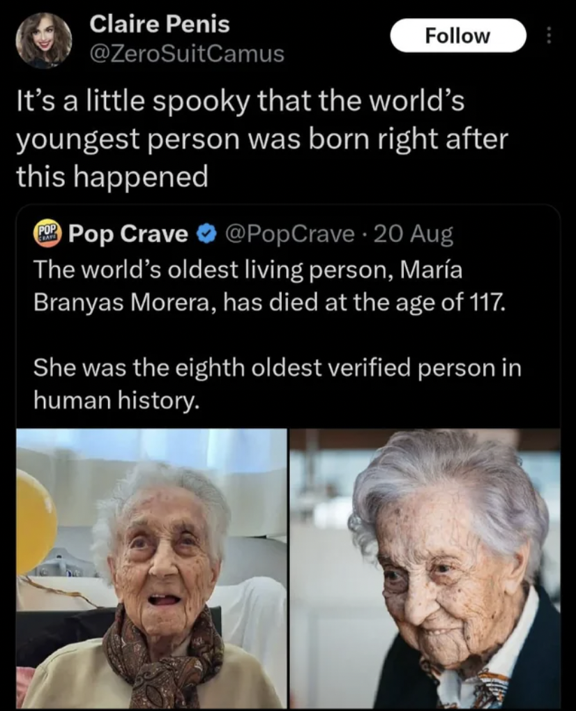 Human penis - Claire Penis It's a little spooky that the world's youngest person was born right after this happened Pop Crave 20 Aug The world's oldest living person, Mara Branyas Morera, has died at the age of 117. She was the eighth oldest verified pers