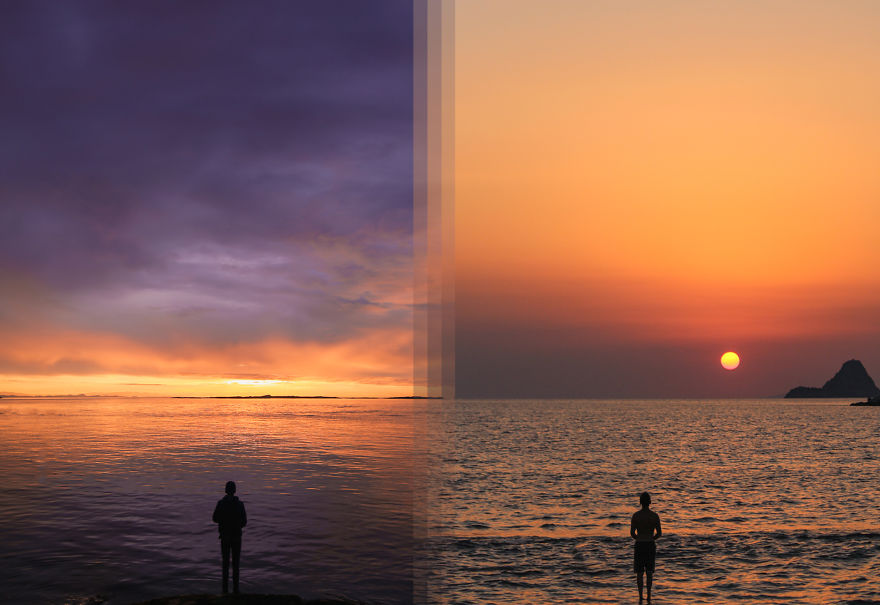 travel photos from opposite sides of the world combined - sunset