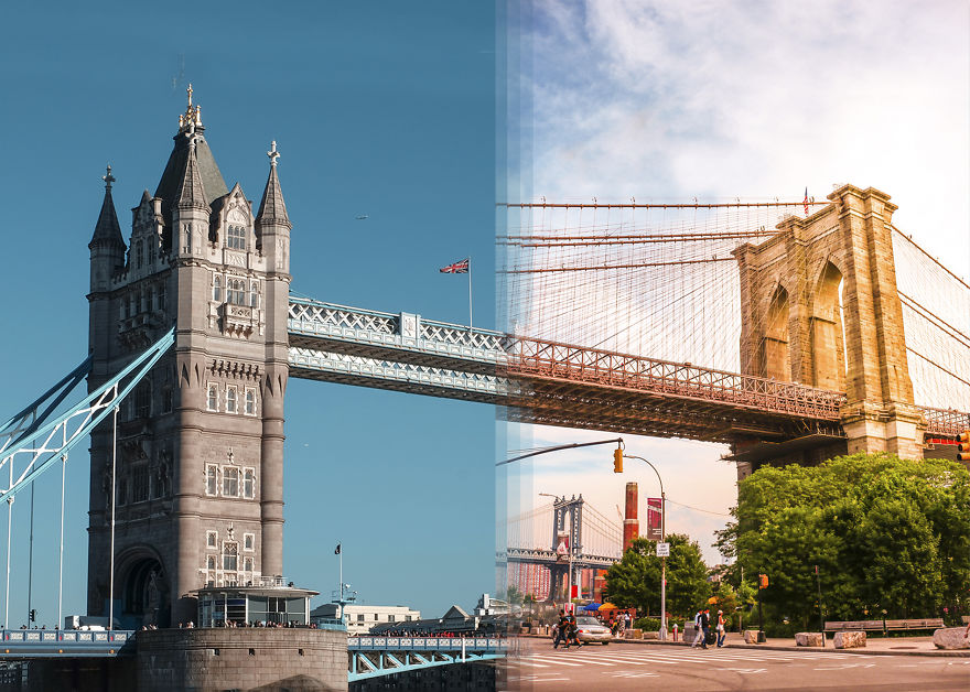 travel photos from opposite sides of the world combined - brooklyn bridge london