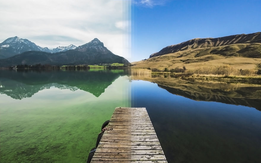 travel photos from opposite sides of the world combined - reflection