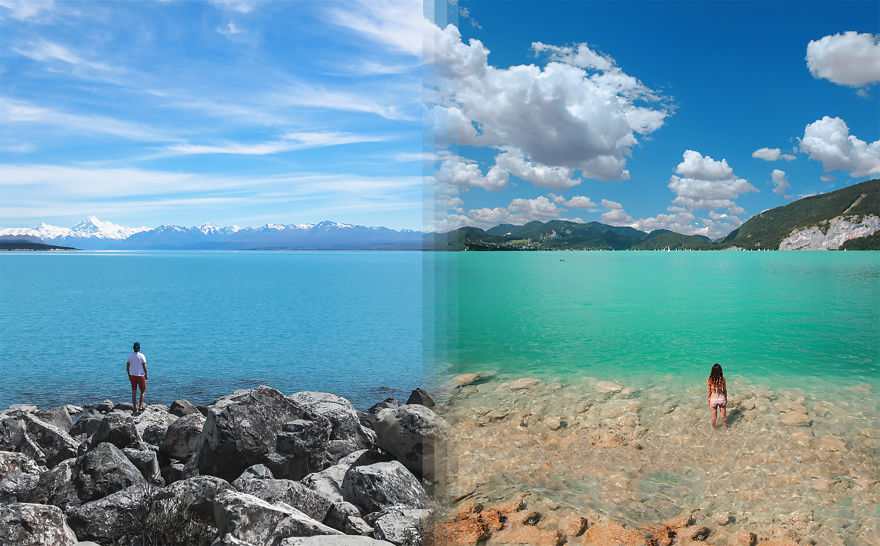 travel photos from opposite sides of the world combined - glacial lake