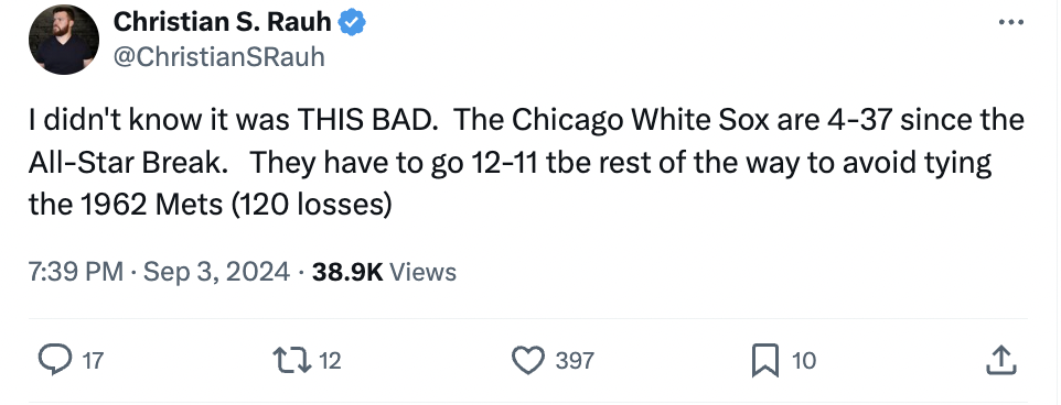 screenshot - Christian S. Rauh I didn't know it was This Bad. The Chicago White Sox are 437 since the AllStar Break. They have to go 1211 tbe rest of the way to avoid tying the 1962 Mets 120 losses Views 17 1712 397 10