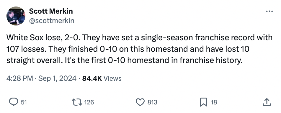 screenshot - Scott Merkin White Sox lose, 20. They have set a singleseason franchise record with 107 losses. They finished 010 on this homestand and have lost 10 straight overall. It's the first 010 homestand in franchise history. Views 51 126 813 18