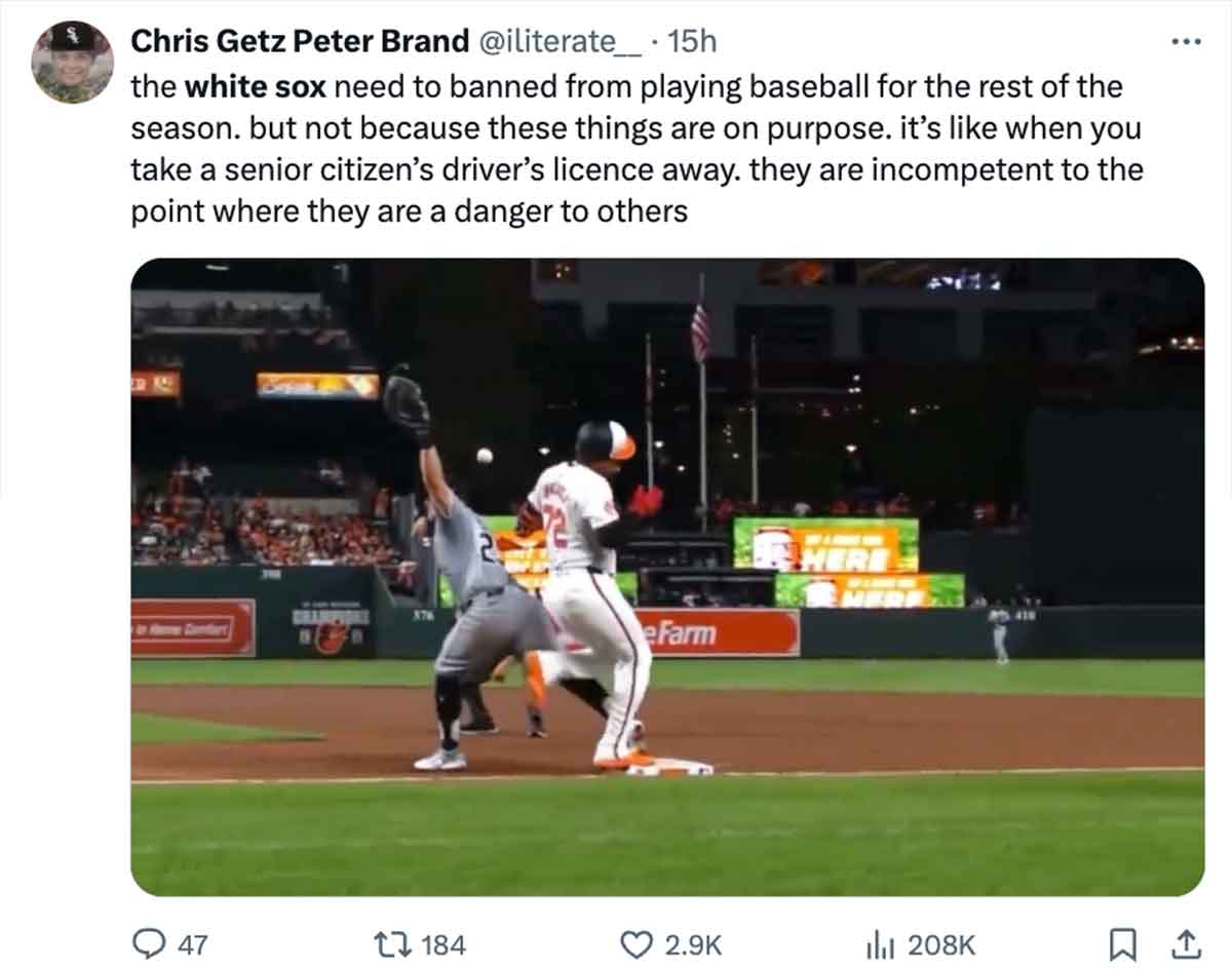 college baseball - Chris Getz Peter Brand 15h the white sox need to banned from playing baseball for the rest of the season. but not because these things are on purpose. it's when you take a senior citizen's driver's licence away. they are incompetent to 