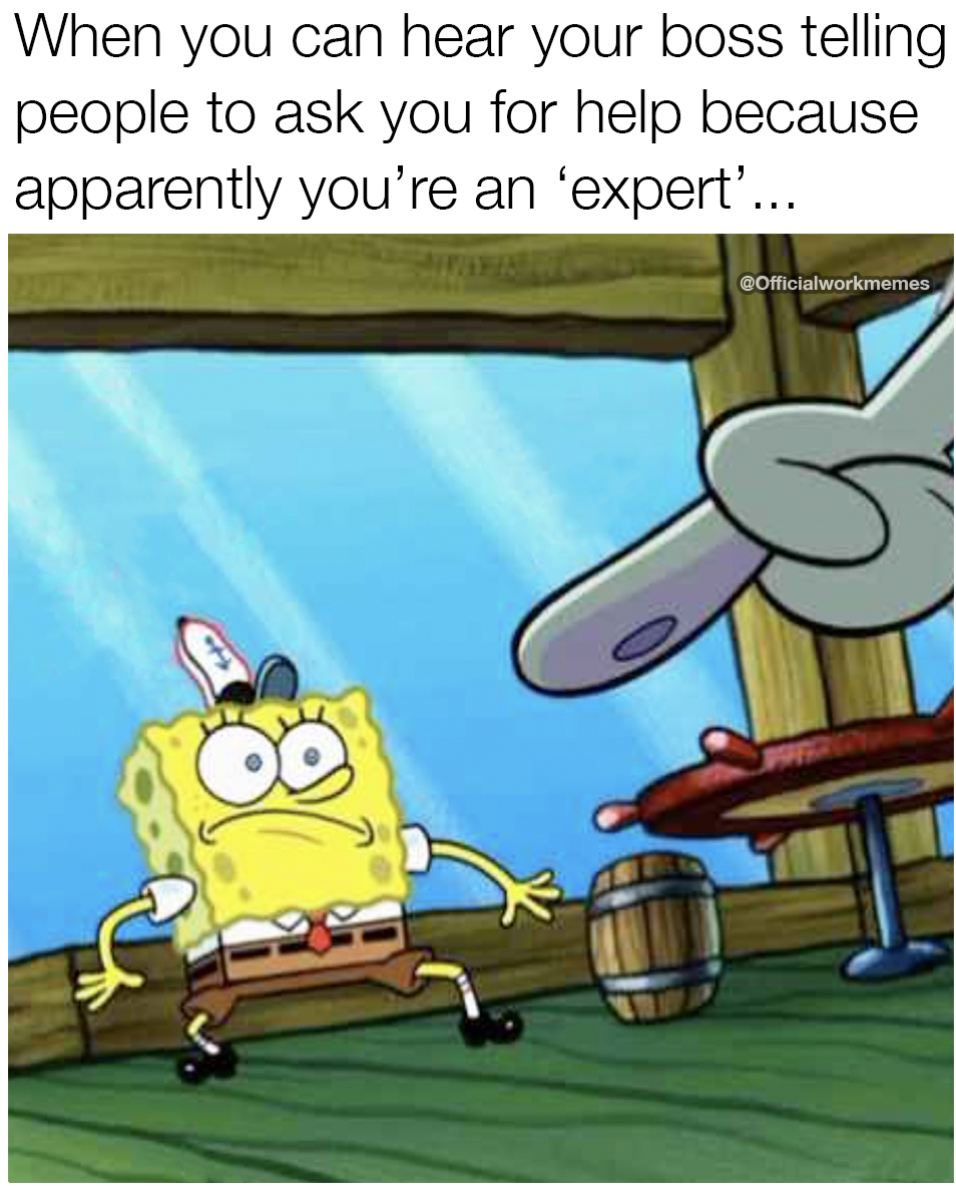 cartoon - When you can hear your boss telling people to ask you for help because apparently you're an 'expert'... GOfficialworkmemes