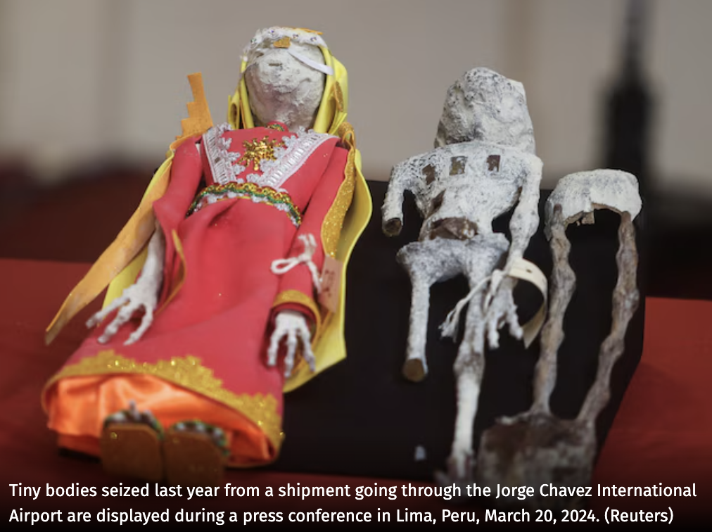 Mummy - Tiny bodies seized last year from a shipment going through the Jorge Chavez International Airport are displayed during a press conference in Lima, Peru, . Reuters