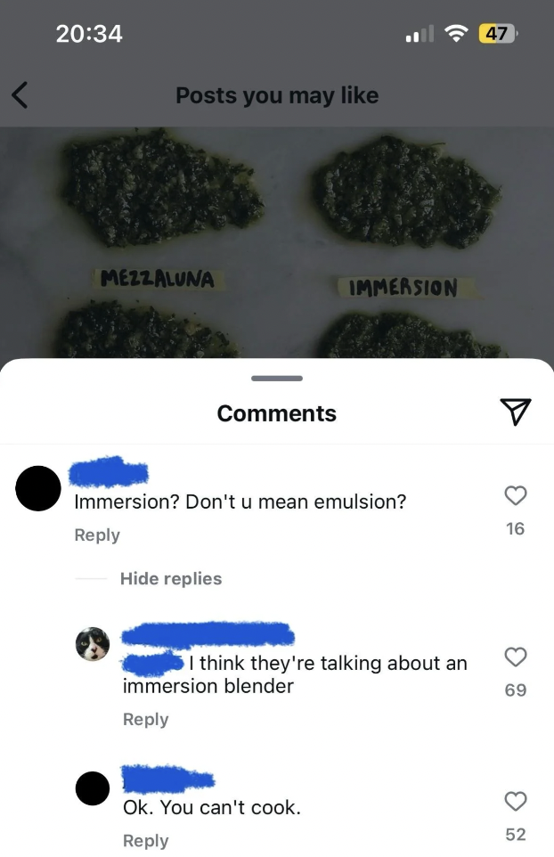 screenshot - Posts you may Mezzaluna Immersion Immersion? Don't u mean emulsion? Hide replies 47 I think they're talking about an immersion blender Ok. You can't cook. 8 6 16 69 52