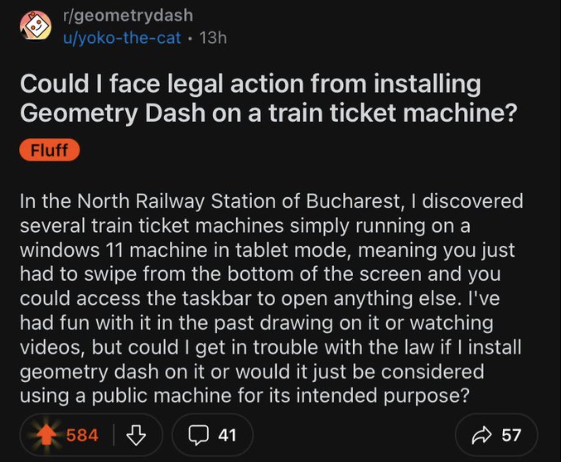 Musical instrument - rgeometrydash uyokothecat 13h Could I face legal action from installing Geometry Dash on a train ticket machine? Fluff In the North Railway Station of Bucharest, I discovered several train ticket machines simply running on a windows 1