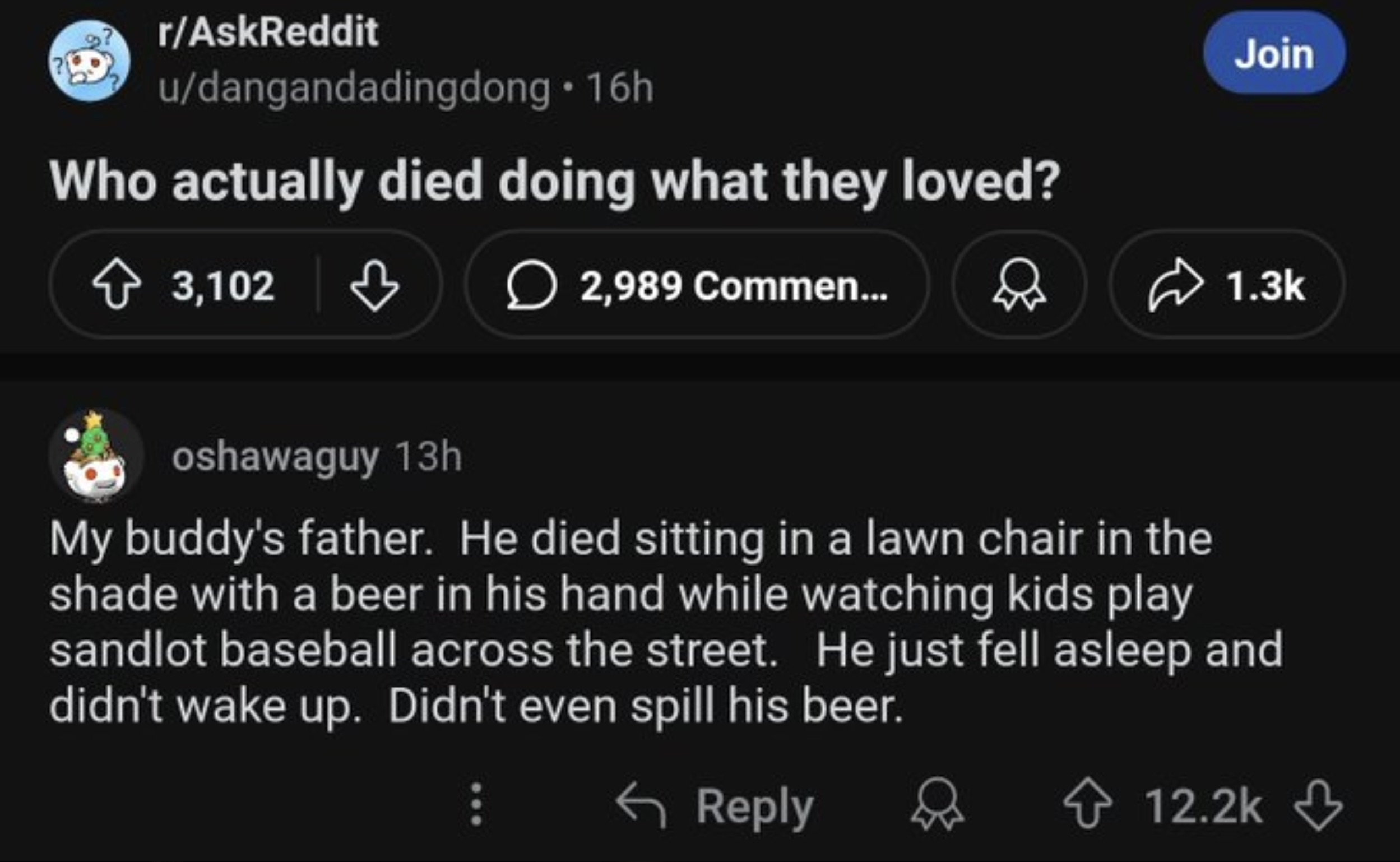 screenshot - rAskReddit udangandadingdong 16h Who actually died doing what they loved? 3,102 2,989 Commen... Join oshawaguy 13h My buddy's father. He died sitting in a lawn chair in the shade with a beer in his hand while watching kids play sandlot baseba