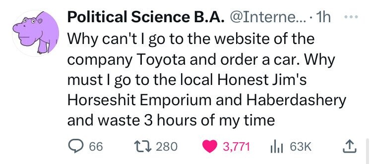 number - Political Science B.A. .... 1h Why can't I go to the website of the company Toyota and order a car. Why must I go to the local Honest Jim's Horseshit Emporium and Haberdashery and waste 3 hours of my time 66 17 280 3,771 Ill 63K