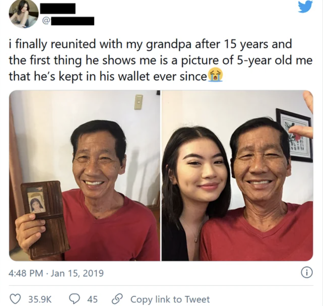 viagianne - i finally reunited with my grandpa after 15 years and the first thing he shows me is a picture of 5year old me that he's kept in his wallet ever since for 45 Copy link to Tweet