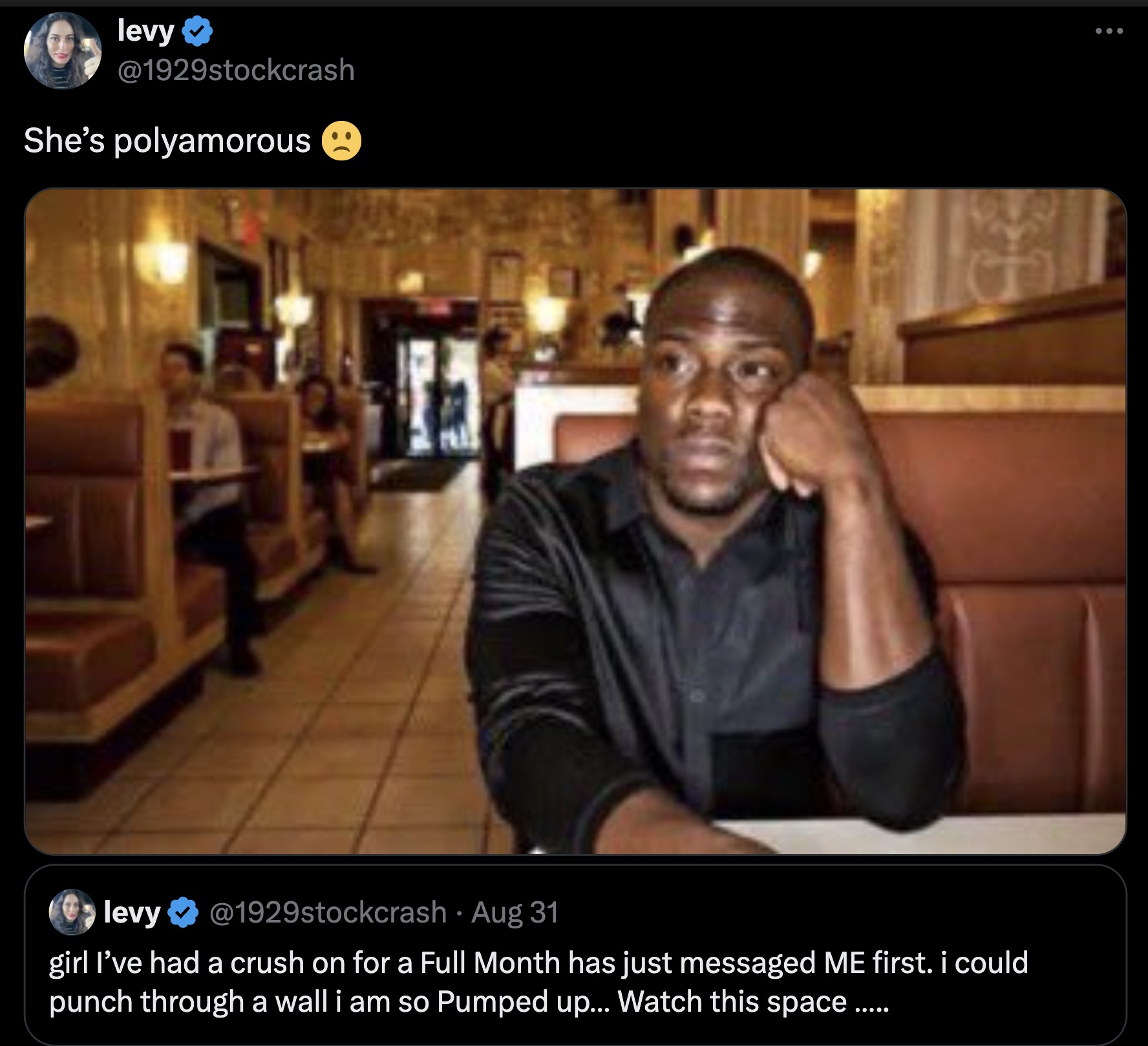 kevin hart sad meme - levy She's polyamorous levy Aug 31 girl I've had a crush on for a Full Month has just messaged Me first. i could punch through a wall i am so Pumped up... Watch this space .....