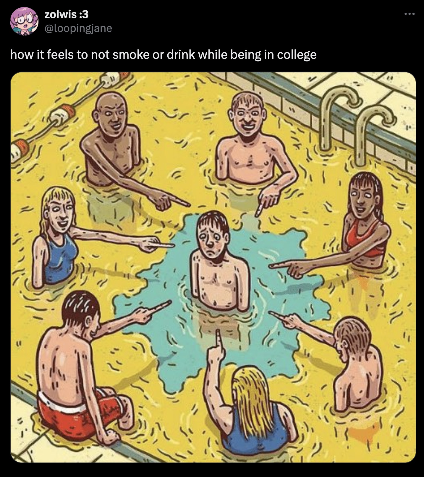 pee in pool meme - zolwis 3 how it feels to not smoke or drink while being in college