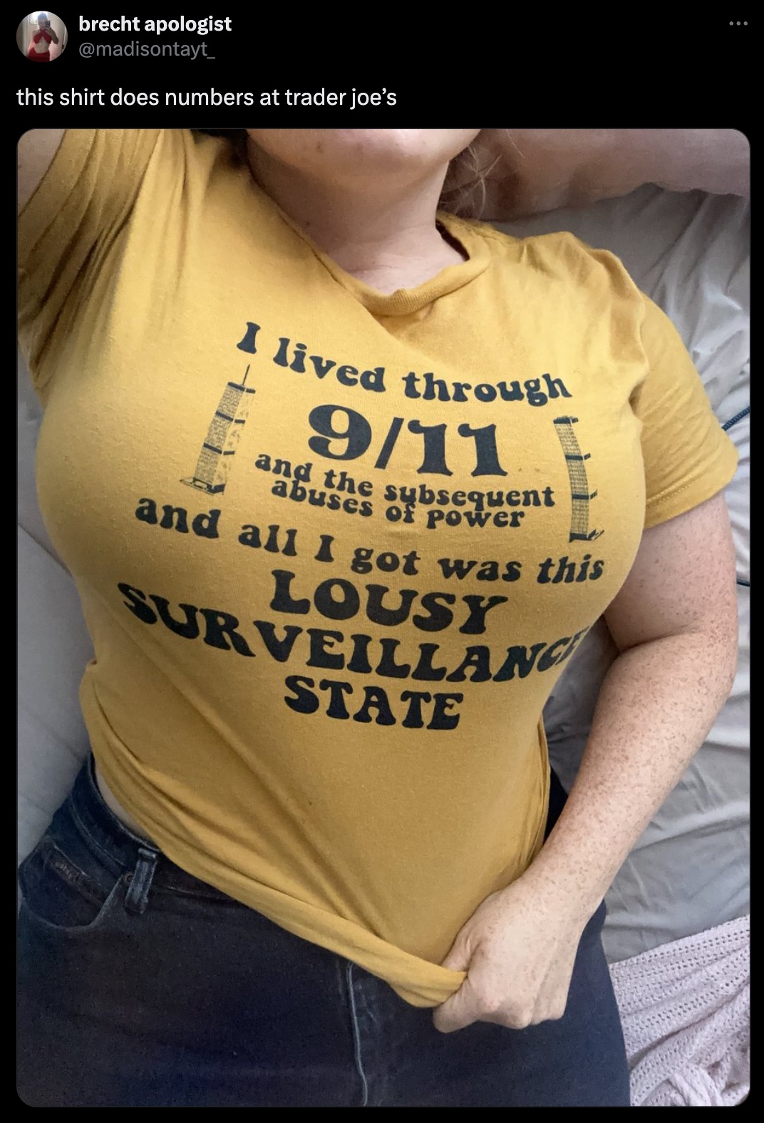 girl - brecht apologist this shirt does numbers at trader joe's I lived through 911 and the subsequent abuses of power and all I got was this Lousy Surveillanc State