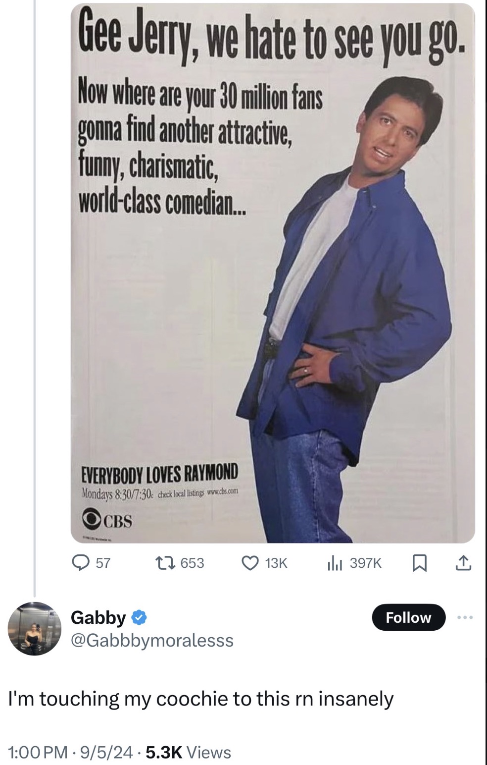 screenshot - Gee Jerry, we hate to see you go. Now where are your 30 million fans gonna find another attractive, funny, charismatic, worldclass comedian... Everybody Loves Raymond Mondays check local listings Ocbs 57 l Gabby ... I'm touching my coochie to