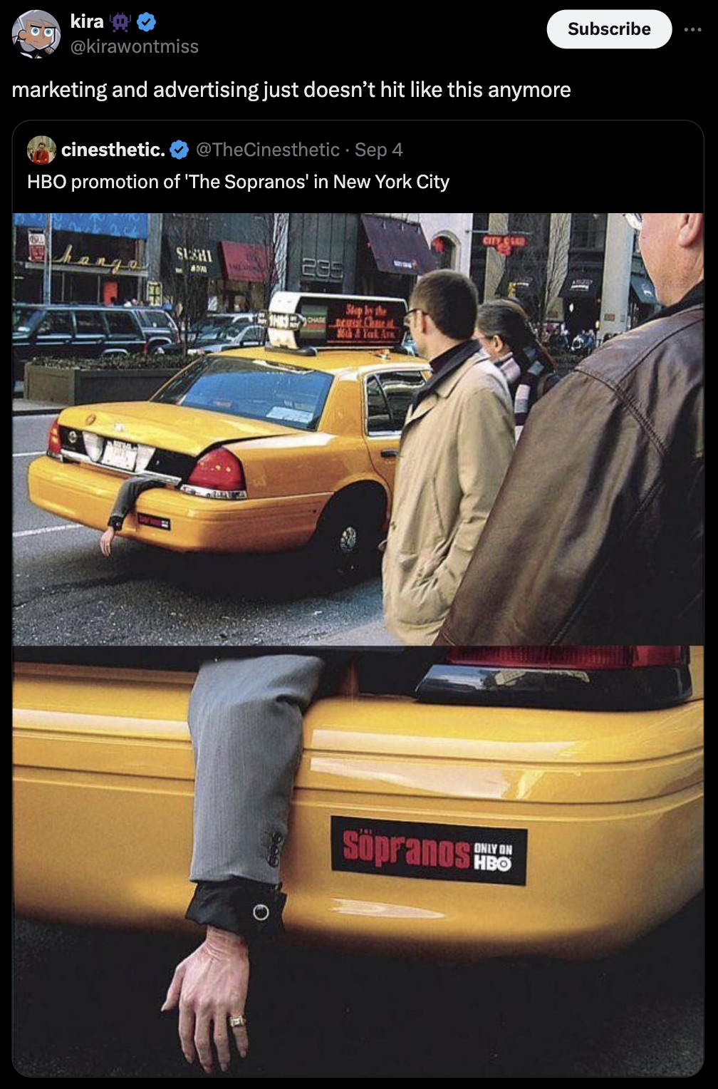 sopranos taxi ad - kira marketing and advertising just doesn't hit this anymore cinesthetic. Sep 4 Hbo promotion of 'The Sopranos' in New York City Sushi 45M Stop by the Honest Cheat 16th & York Are City Clad Only On Sopranos Hbo Subscribe