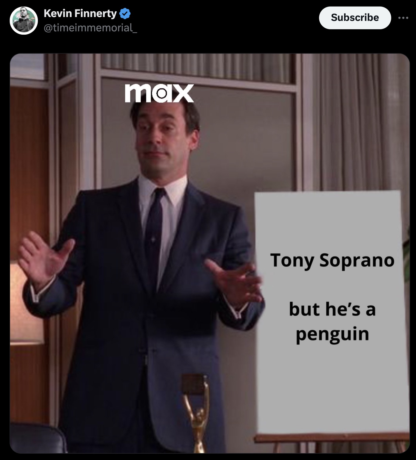 ozempic vape pens meme - Kevin Finnerty max Subscribe Tony Soprano but he's a penguin