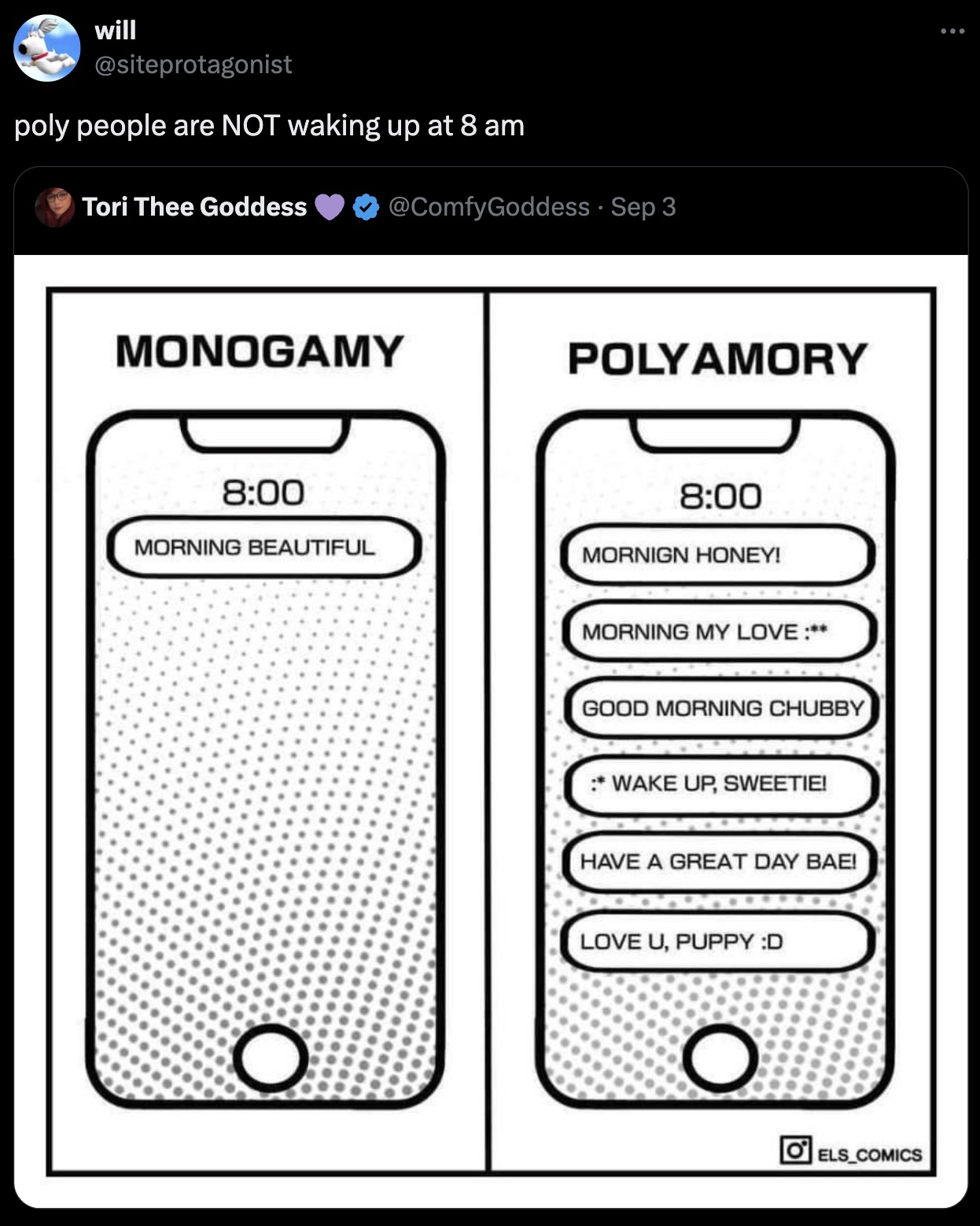 screenshot - will poly people are Not waking up at 8 am Tori Thee Goddess Monogamy Sep 3 Polyamory Morning Beautiful Mornign Honey! O Morning My Love Good Morning Chubby Wake Up, Sweetie! Have A Great Day Bae! Love U, Puppy D O O ELS_COMICS