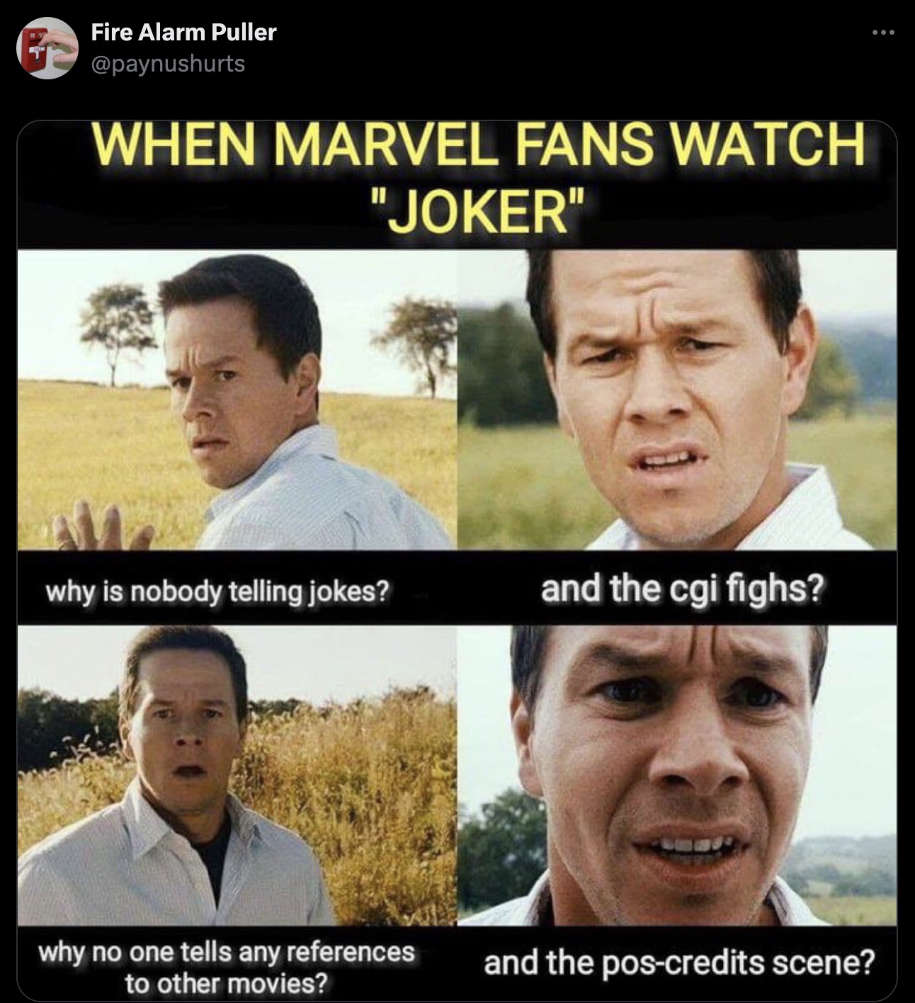 marvel is for kids meme - Fire Alarm Puller When Marvel Fans Watch "Joker" why is nobody telling jokes? and the cgi fighs? why no one tells any references to other movies? and the poscredits scene?