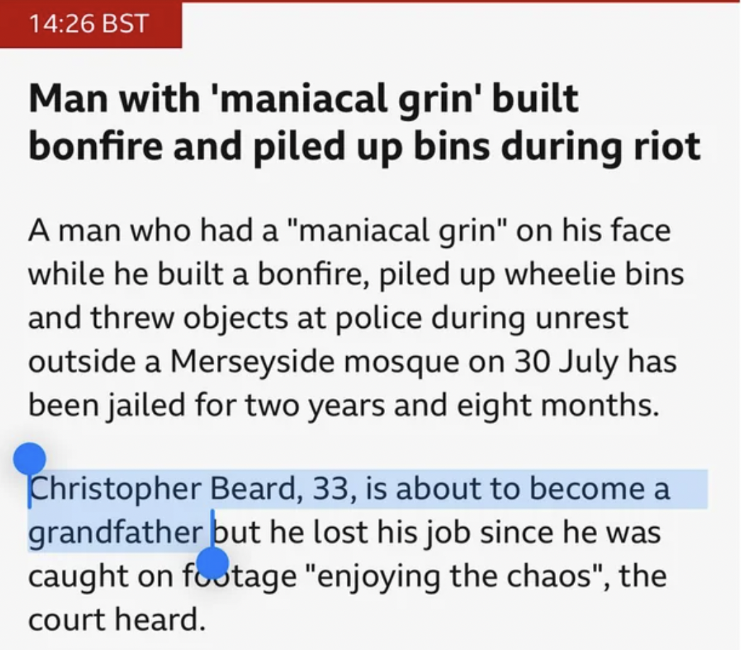 screenshot - Bst Man with 'maniacal grin' built bonfire and piled up bins during riot A man who had a "maniacal grin" on his face while he built a bonfire, piled up wheelie bins and threw objects at police during unrest outside a Merseyside mosque on 30 J