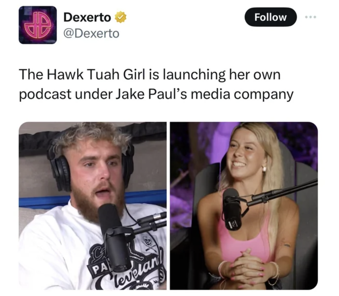 Shitposting - Dexerto The Hawk Tuah Girl is launching her own podcast under Jake Paul's media company C Pa levelan