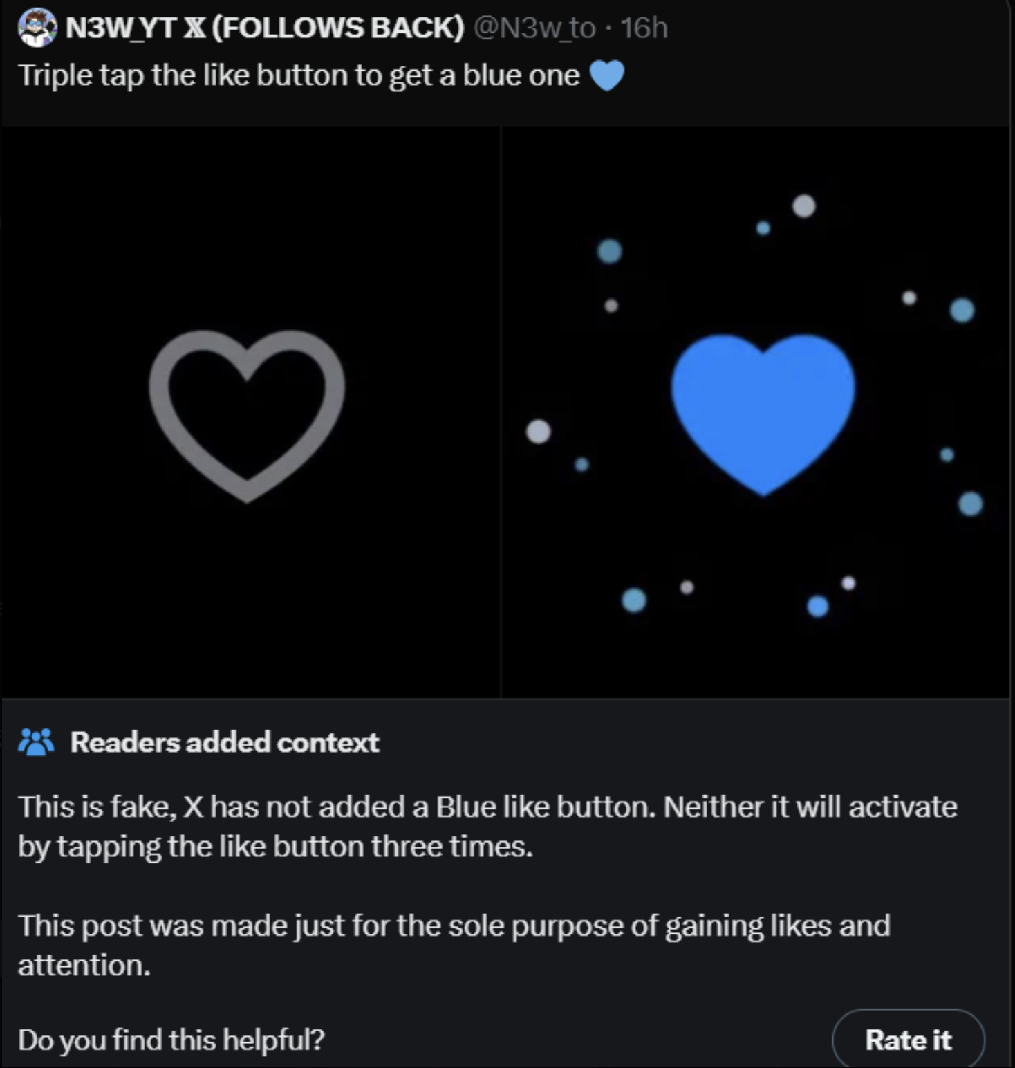 heart - N3W Ytx s Back to 16h Triple tap the button to get a blue one C Readers added context This is fake, X has not added a Blue button. Neither it will activate by tapping the button three times. This post was made just for the sole purpose of gaining 