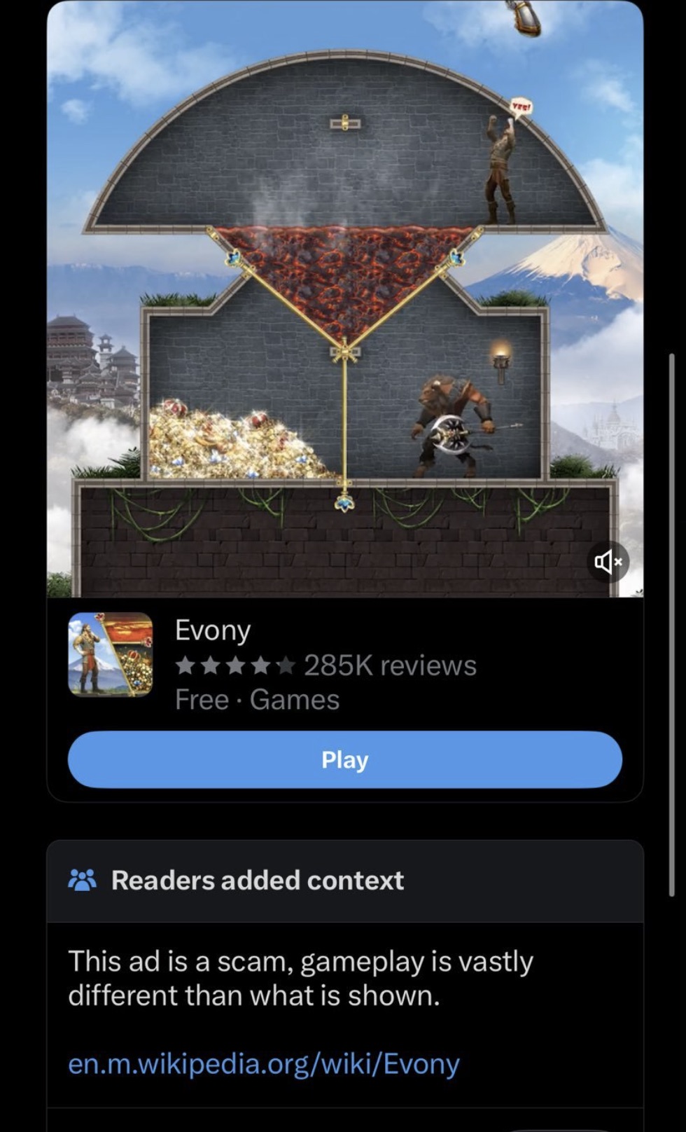 screenshot - Evony reviews Free Games Play Readers added context yre! This ad is a scam, gameplay is vastly different than what is shown. en.m.wikipedia.orgwikiEvony