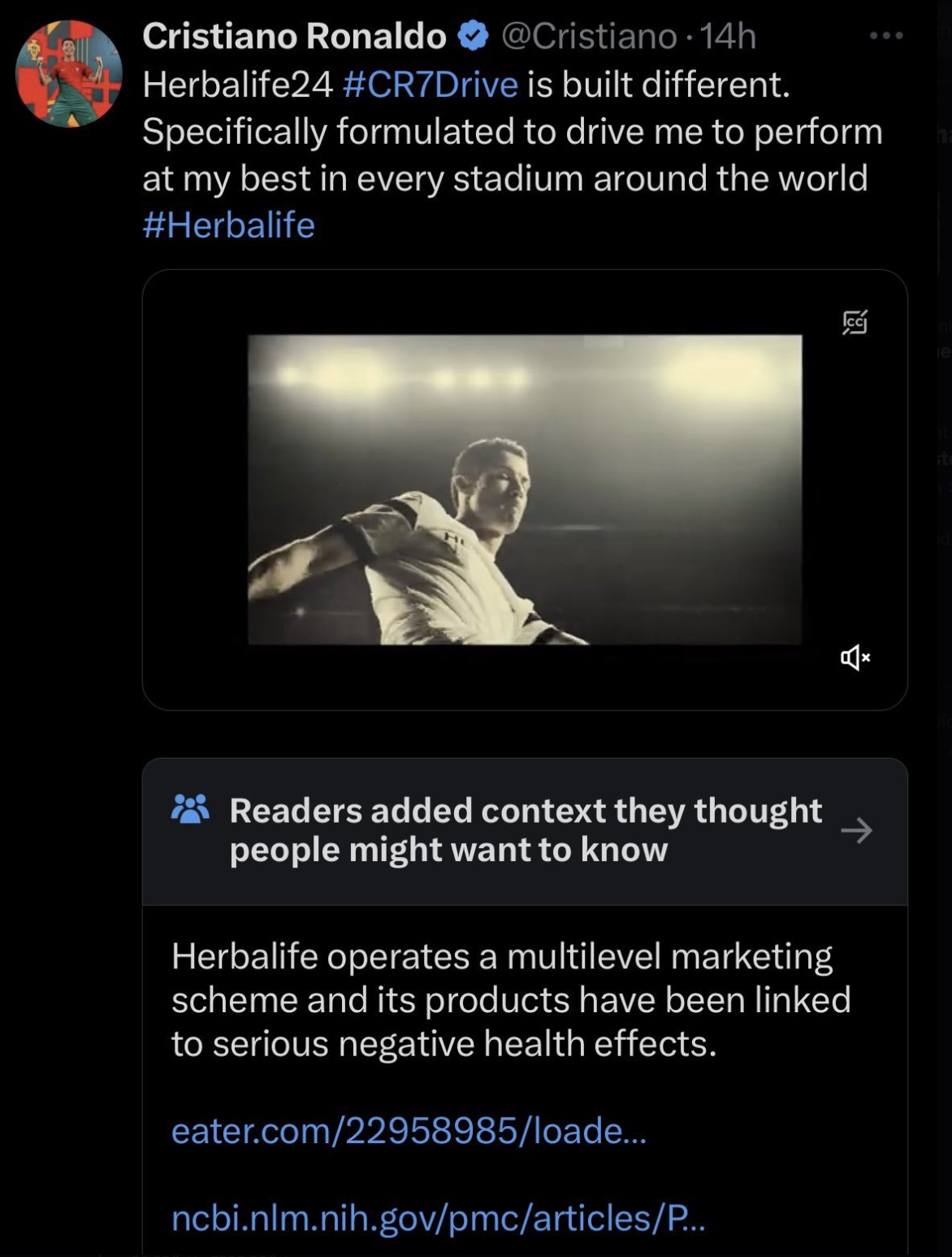 screenshot - Cristiano Ronaldo 14h Herbalife24 is built different. Specifically formulated to drive me to perform at my best in every stadium around the world Readers added context they thought people might want to know Herbalife operates a multilevel mar