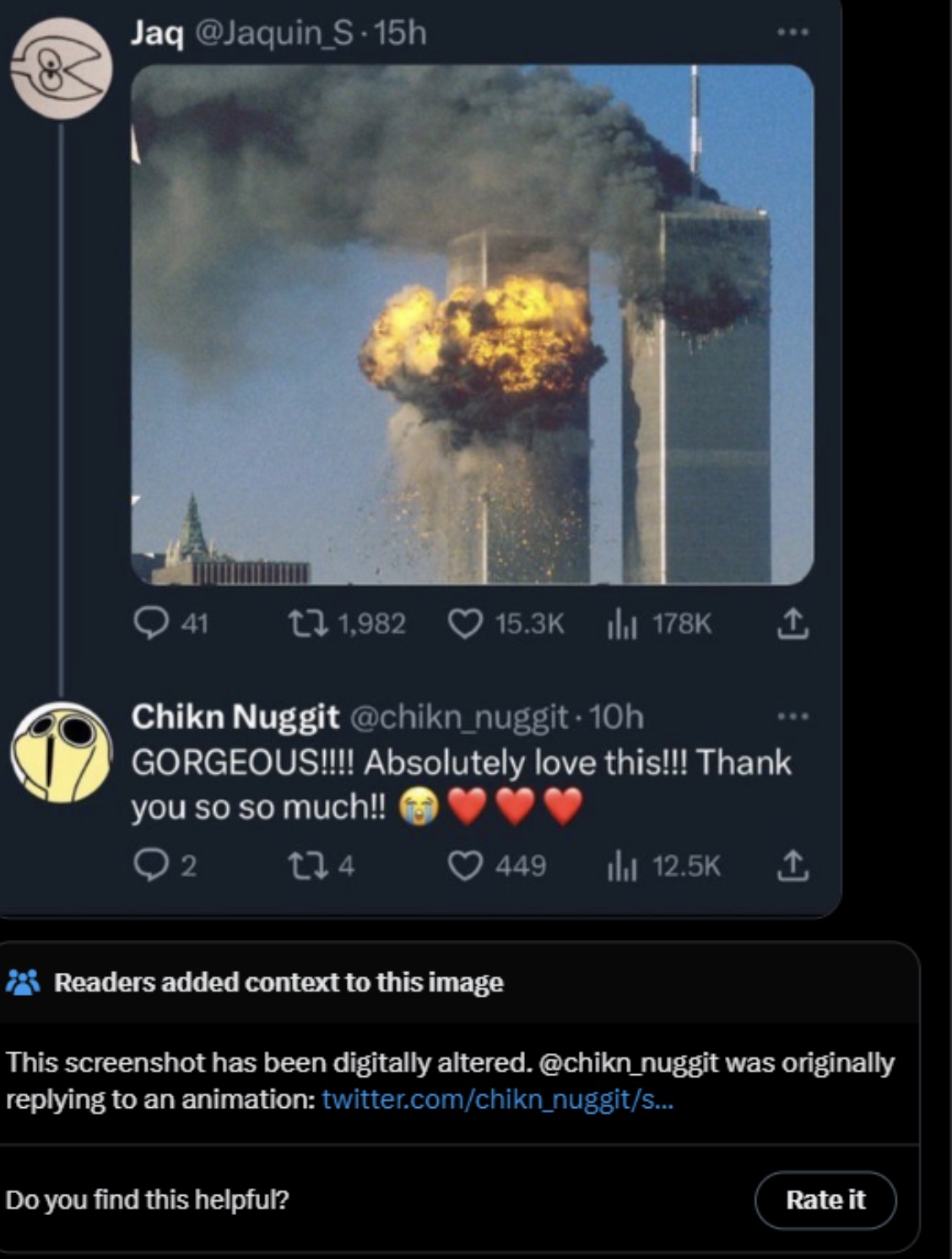 World Trade Center - Jaq S15h 41 1,982 1 Chikn Nuggit 10h Gorgeous!!!! Absolutely love this!!! Thank you so so much!! 2 224 449 Readers added context to this image This screenshot has been digitally altered. was originally an animation twitter.comchikn_nu