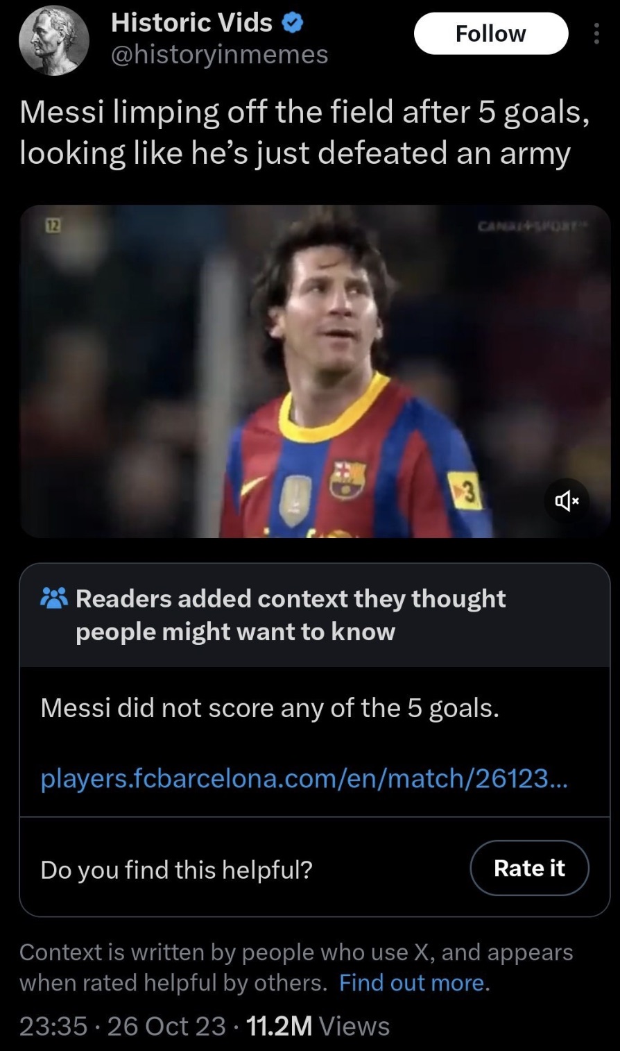 player - Historic Vids Messi limping off the field after 5 goals, looking he's just defeated an army 12 CanalSport 3 Readers added context they thought people might want to know Messi did not score any of the 5 goals. players.fcbarcelona.comenmatch26123..