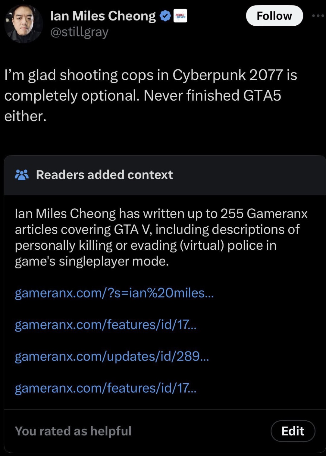 ian miles cheong cyberpunk - lan Miles Cheong I'm glad shooting cops in Cyberpunk 2077 is completely optional. Never finished GTA5 either. Readers added context lan Miles Cheong has written up to 255 Gameranx articles covering Gta V, including description