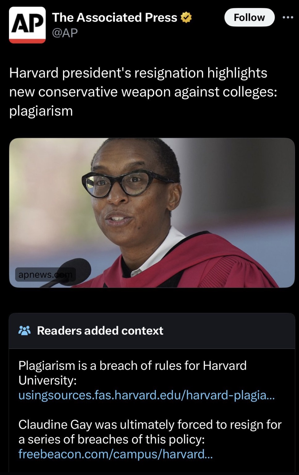 screenshot - Ap The Associated Press Harvard president's resignation highlights new conservative weapon against colleges plagiarism apnews.com Readers added context Plagiarism is a breach of rules for Harvard University usingsources.fas.harvard.eduharvard