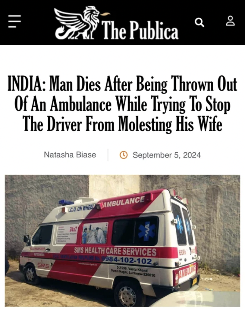 Ambulance - The Publica Do India Man Dies After Being Thrown Out Of An Ambulance While Trying To Stop The Driver From Molesting His Wife Natasha Biase Clon Whee Ambulance Sms Health Care Services 984102102,