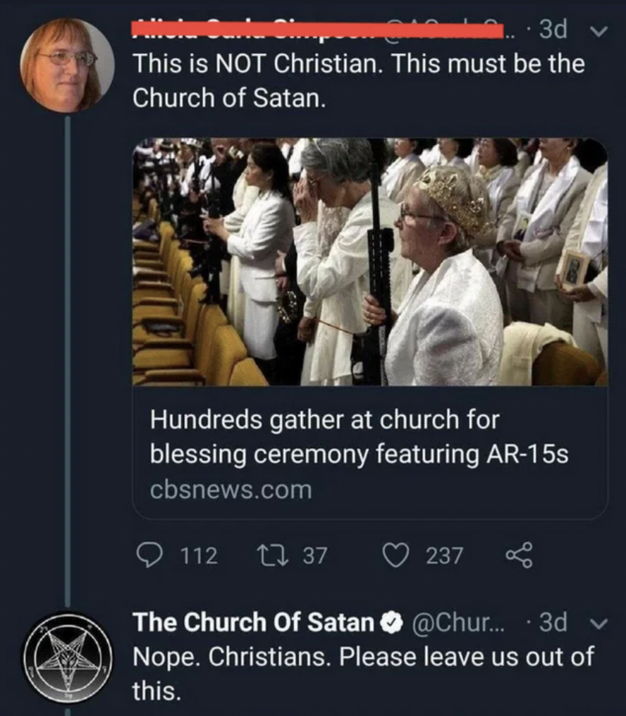 moonies cult - .3d This is Not Christian. This must be the Church of Satan. Hundreds gather at church for blessing ceremony featuring Ar15s cbsnews.com 112 1 37 237 The Church of Satan Nope. Christians. Please leave us out of ... 3d this.