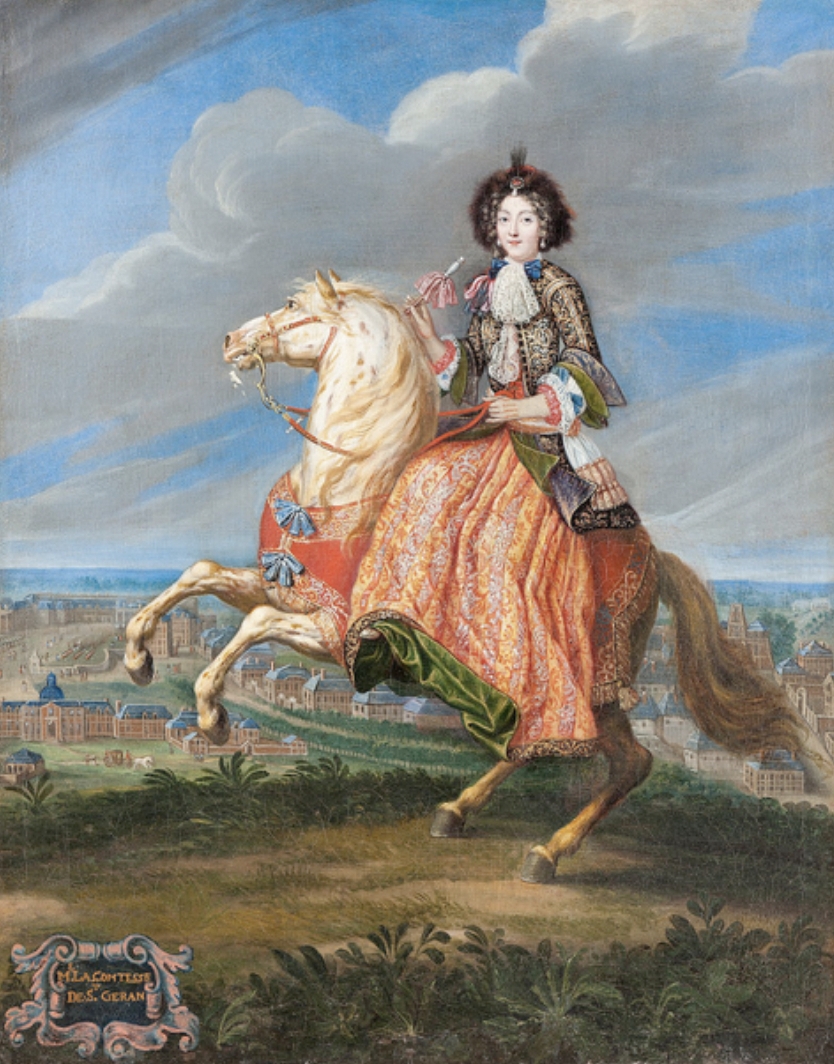 Lady Seymour Dorothy Worsley in a typical riding dress from the 1700s with military details.