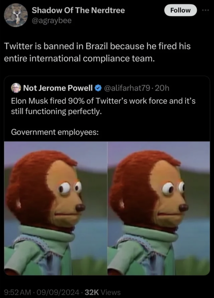 unexpected meme - Shadow Of The Nerdtree Twitter is banned in Brazil because he fired his entire international compliance team. Not Jerome Powell Elon Musk fired 90% of Twitter's work force and it's still functioning perfectly. Government employees Am 090