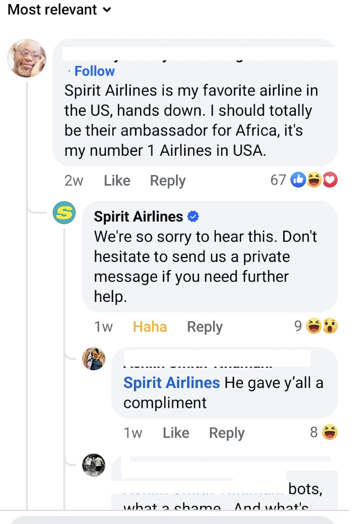 screenshot - Most relevant Spirit Airlines is my favorite airline in the Us, hands down. I should totally be their ambassador for Africa, it's my number 1 Airlines in Usa. 2w S Spirit Airlines 6700 We're so sorry to hear this. Don't hesitate to send us a 