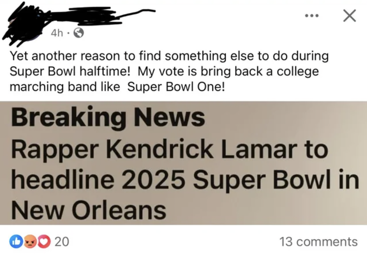 insect - 4h 3 Yet another reason to find something else to do during Super Bowl halftime! My vote is bring back a college marching band Super Bowl One! Breaking News Rapper Kendrick Lamar to headline 2025 Super Bowl in New Orleans 000 20 13