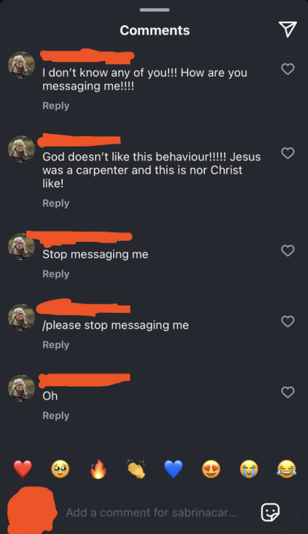 screenshot - I don't know any of you!!! How are you messaging me!!!! God doesn't this behaviour!!!!! Jesus was a carpenter and this is nor Christ ! Stop messaging me please stop messaging me Oh Add a comment for sabrinacar...