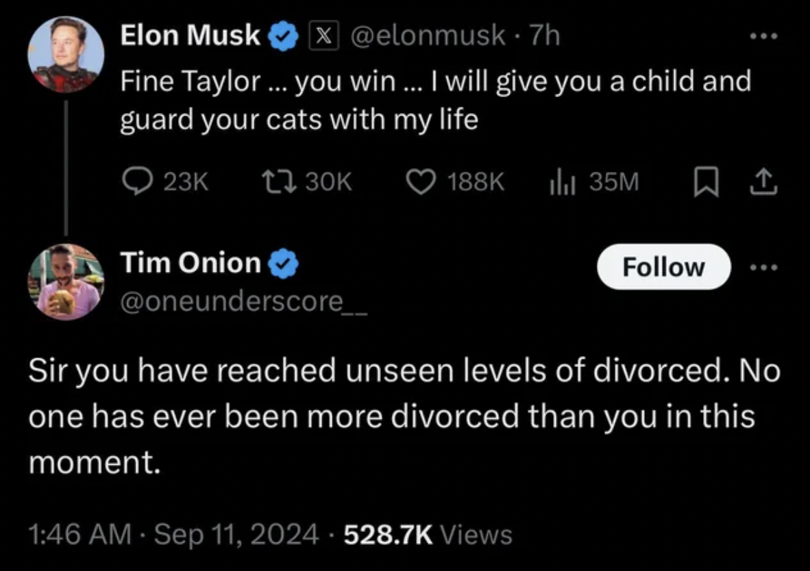 screenshot - Elon Musk X .7h Fine Taylor... you win ... I will give you a child and guard your cats with my life O 23K t30K Tim Onion ili 35M Sir you have reached unseen levels of divorced. No one has ever been more divorced than you in this moment. Views