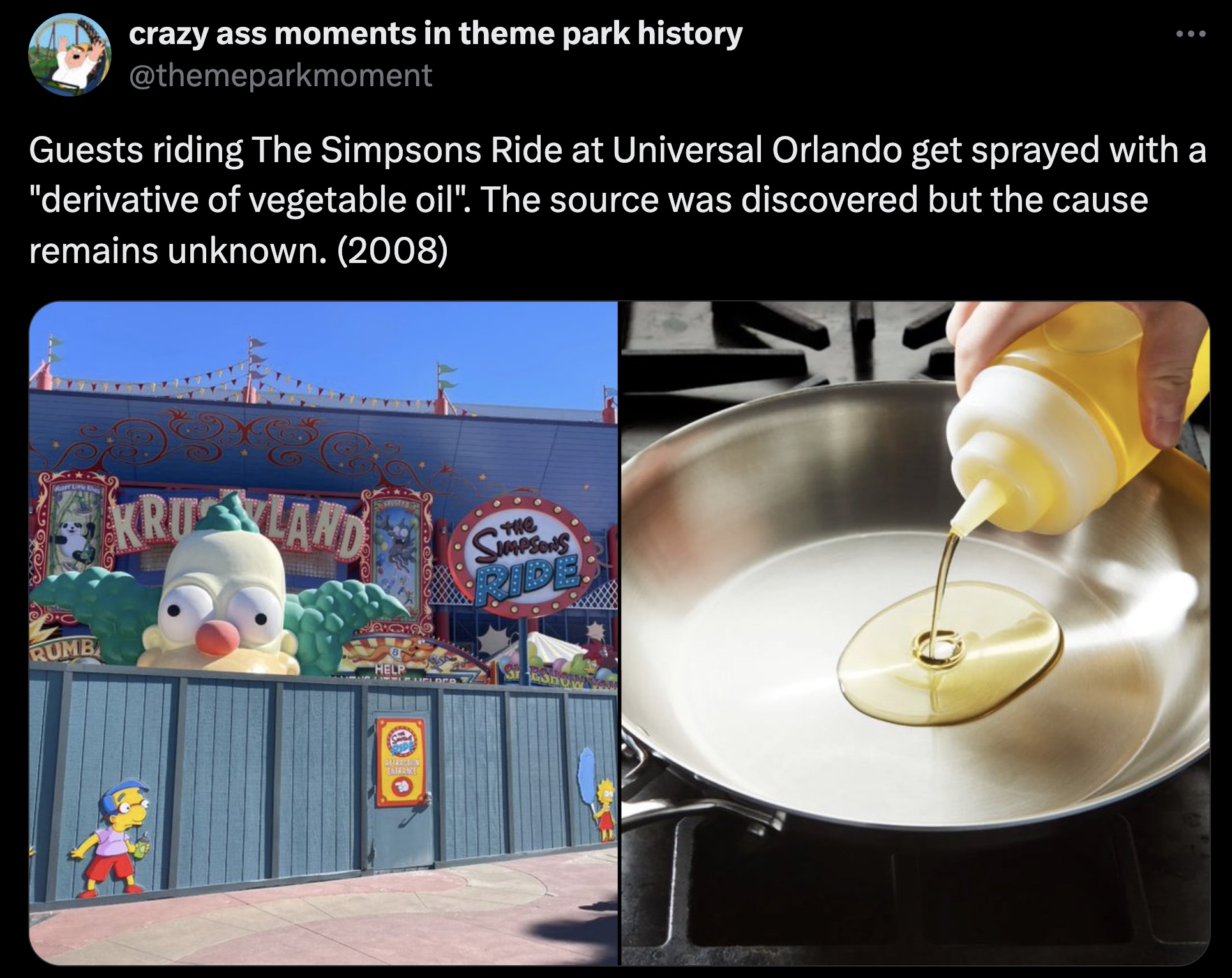 fondue - crazy ass moments in theme park history Guests riding The Simpsons Ride at Universal Orlando get sprayed with a "derivative of vegetable oil". The source was discovered but the cause remains unknown. 2008 Kriland The Rumb