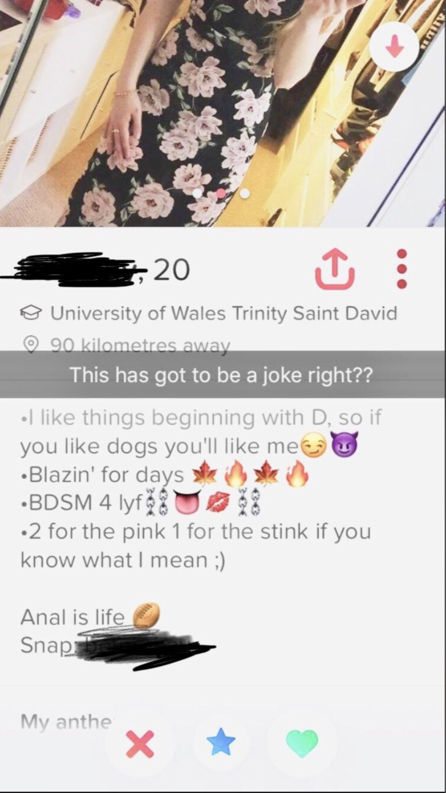 poster - 20 University of Wales Trinity Saint David 90 kilometres away This has got to be a joke right?? I things beginning with D, so if you dogs you'll me Blazin' for days Bdsm 4 lyf 2 for the pink 1 for the stink if you know what I mean ; Anal is life 