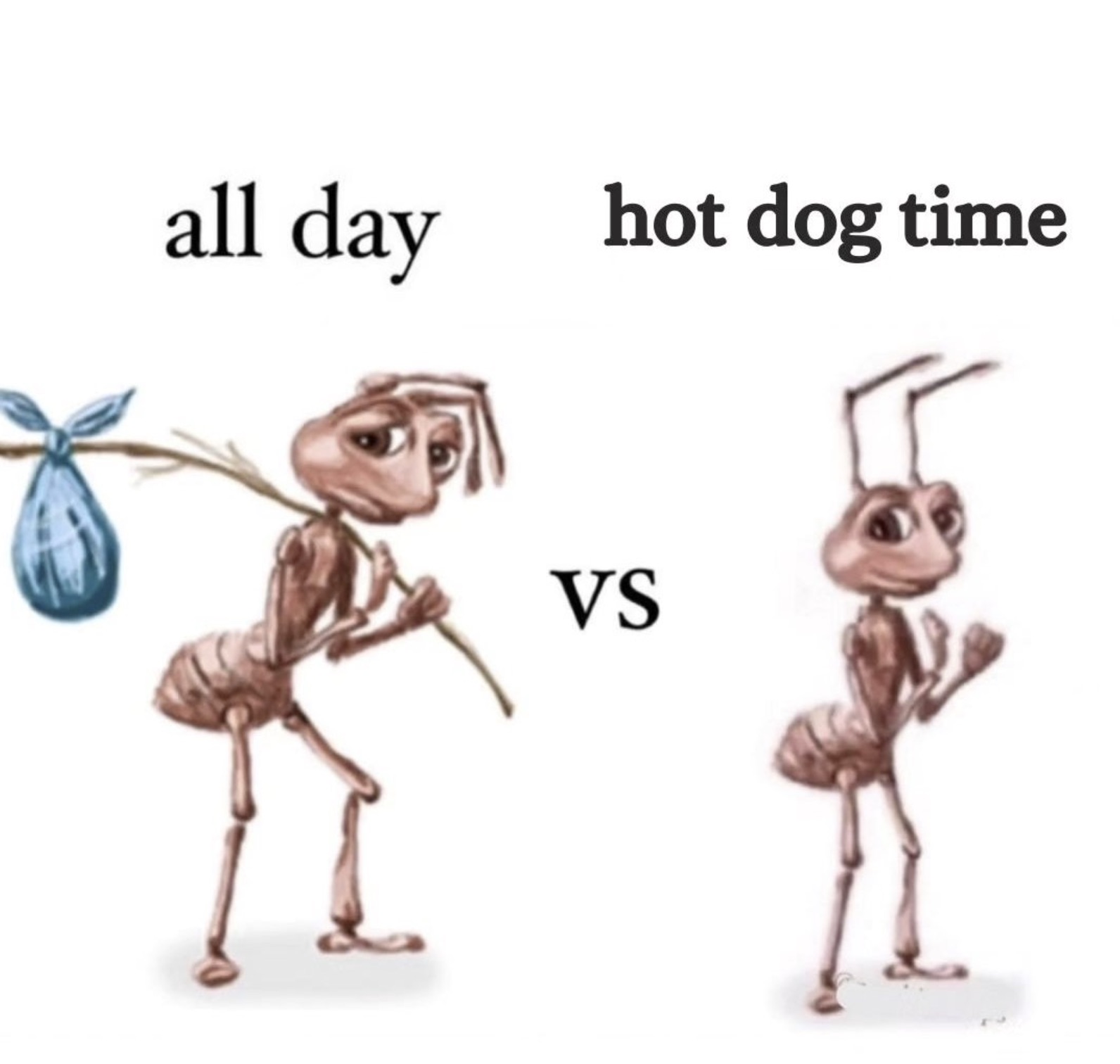 sad ant with bindle - all day hot dog time Vs