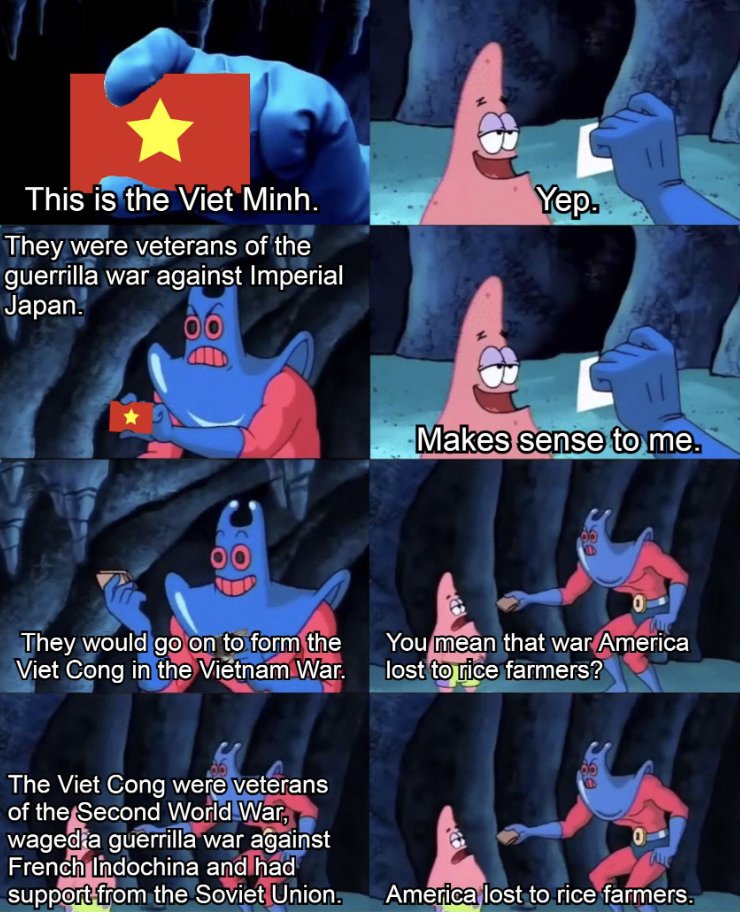 Meme - This is the Viet Minh. They were veterans of the guerrilla war against Imperial Japan. Yep. Makes sense to me. They would go on to form the Viet Cong in the Vietnam War. You mean that war America lost to rice farmers? The Viet Cong were veterans of